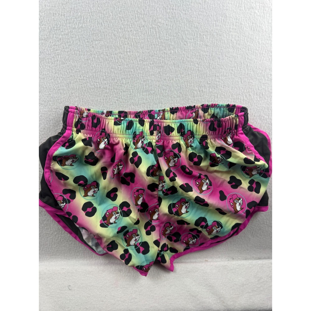 Buc-ee's Womens Rainbow Leopard Print Running Shorts Pink Beaver Mascot Medium‎